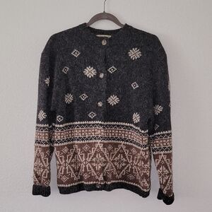 Eddie Bauer Wool Alpaca Winter Fishermans Cardigan Sweater Large Cabincore Cozy